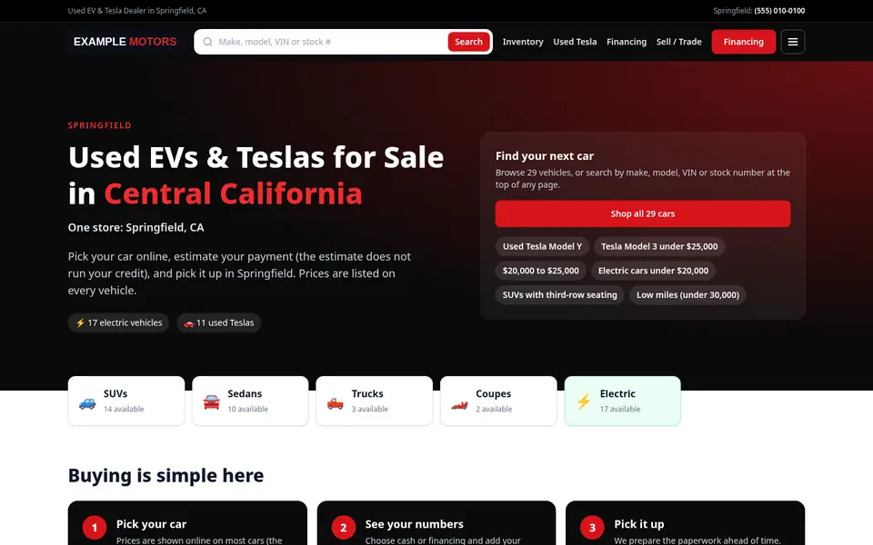 Home page of the Classic demo site for Example Motors: black header, red buttons and a car search box