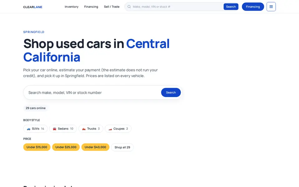 Home page of the Clean demo site for Clearlane Autos: white background, blue headline, a large search bar and quick links by body style and price