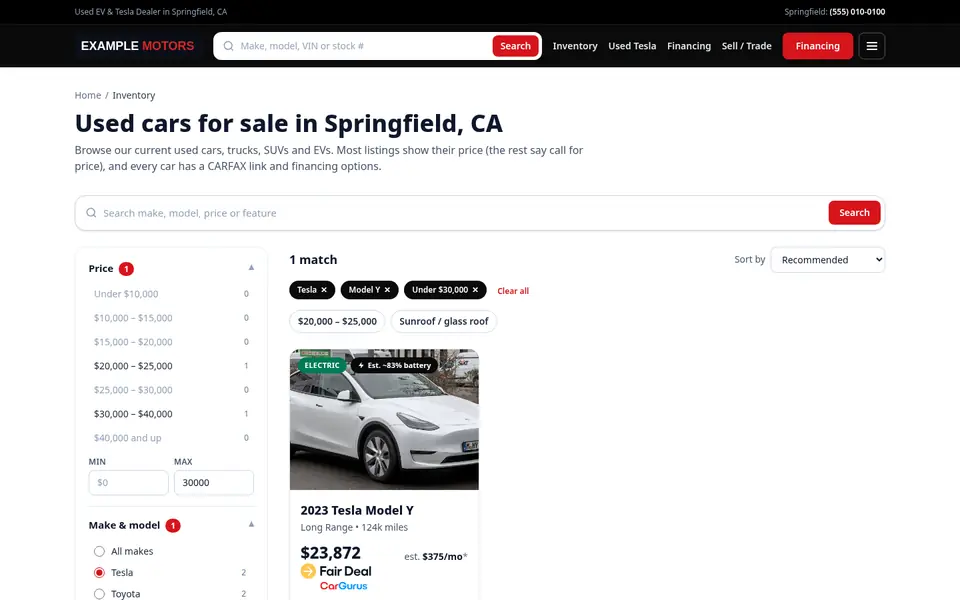 Search results on the Classic demo for 'model y under 30k', turned into Tesla, Model Y and under $30,000 filters with one matching car