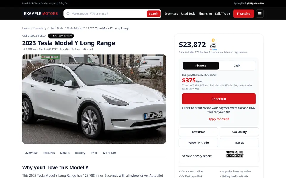 Car page on the Classic demo: a photo of a 2023 Tesla Model Y with price, estimated monthly payment, Checkout button, test drive and trade-in buttons and an estimated battery badge