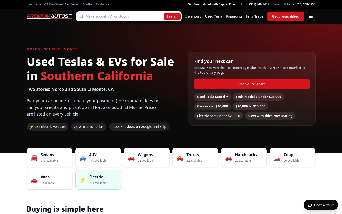 Home page of the live Premium Autos site on our template: used Teslas and EVs for sale in Southern California, with stores in Norco and South El Monte