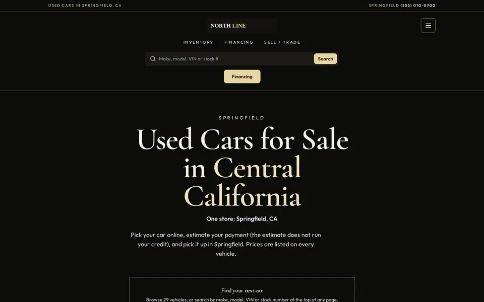 Home page of the Luxury demo site for Northline Motors: near-black background, gold accents and large serif headline